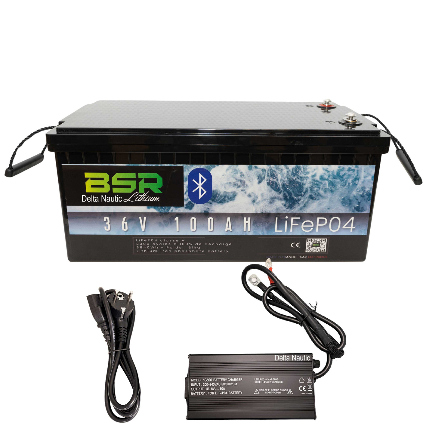 Batterie lithium 36V 100Ah BSR avec chargeur pour moteur Minn Kota ou moteurs avant Garmin