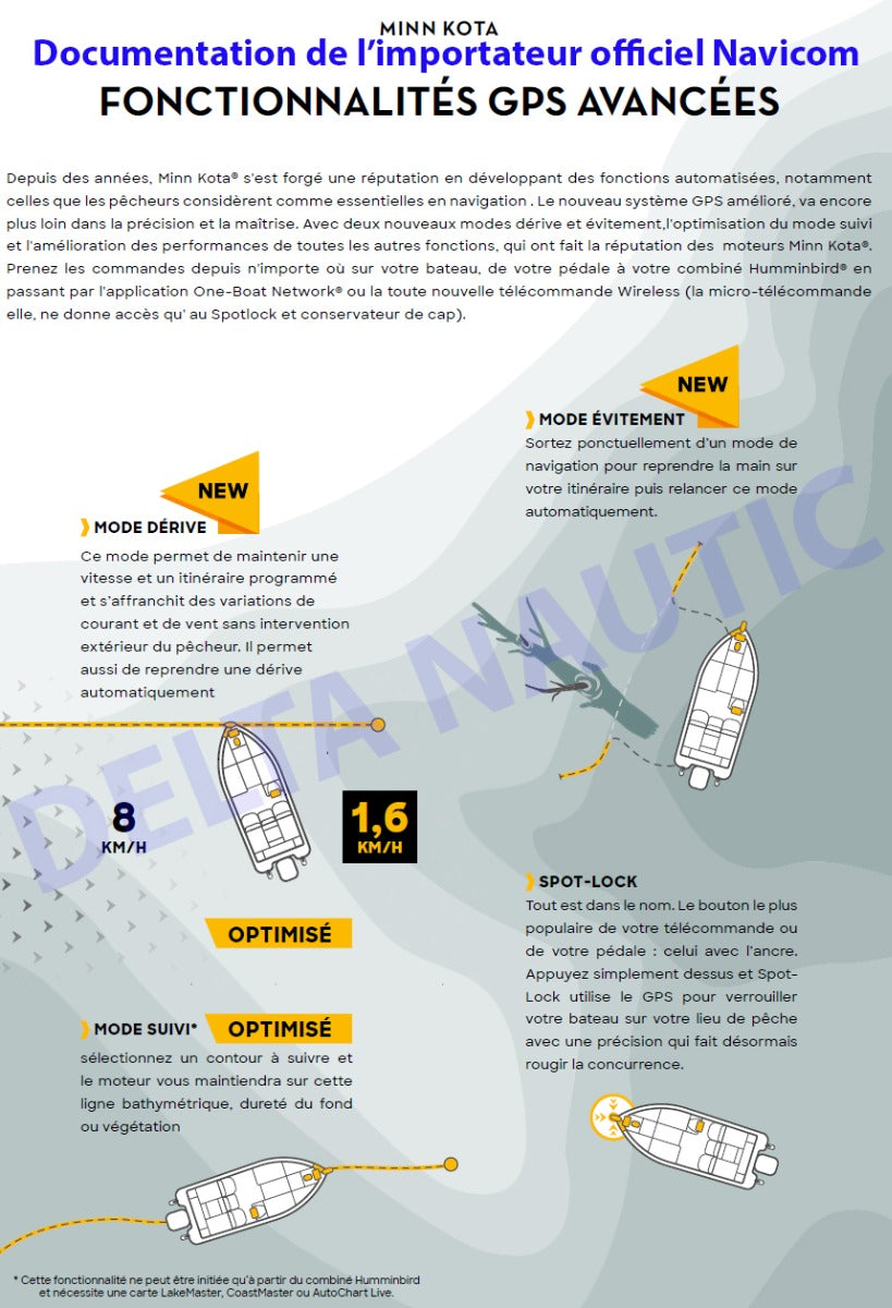 Fonctionnalités du GPS avancé des moteurs Minn Kota montage avant pour bateaux de pêche par Navicom
