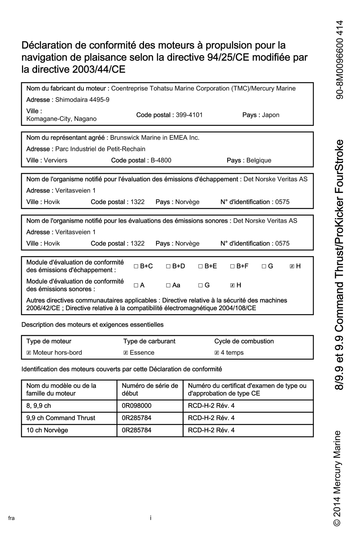 8CV - 9,9CV 4T notice Mercury / Tohatsu