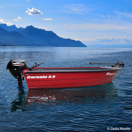 Barque Carnalu rouge dans un lac