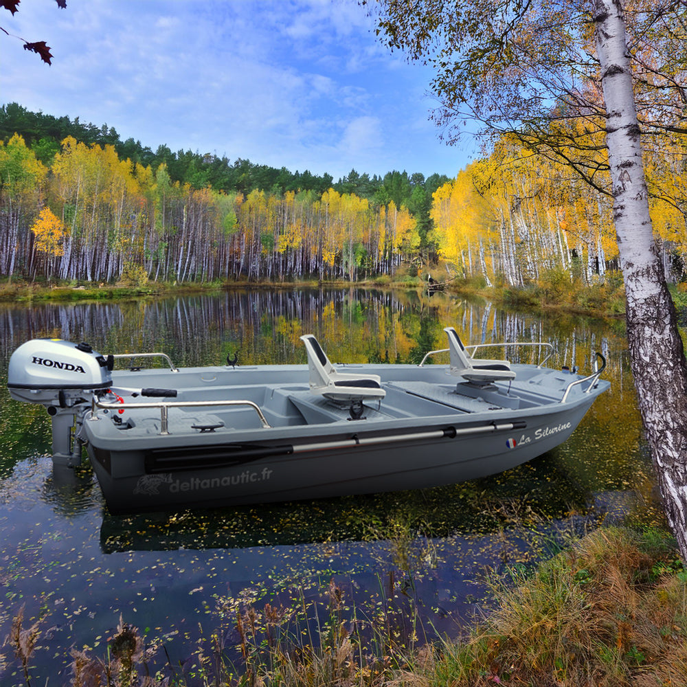 Pack Barque Silurine 4m Titanium + Remorque GT + Honda 6cv + 2 sièges + Balcons inox