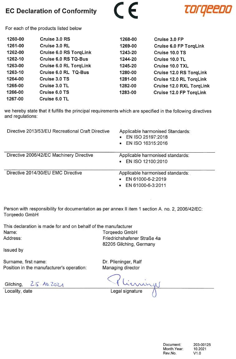 Déclaration de conformité Moteur électrique Torqeedo Cruise 6.0 R commande à distance
