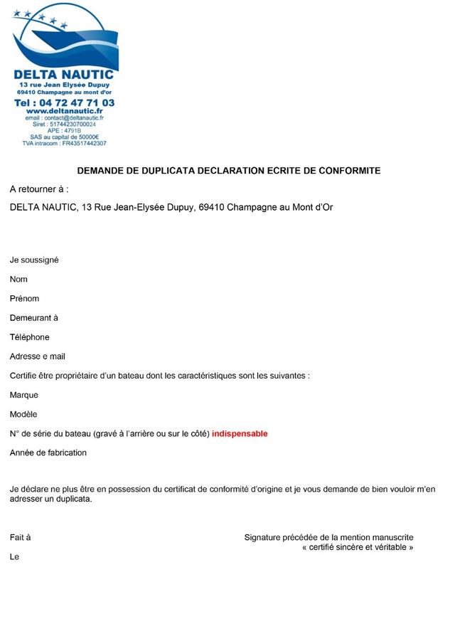 Duplicata de déclaration écrite de conformité