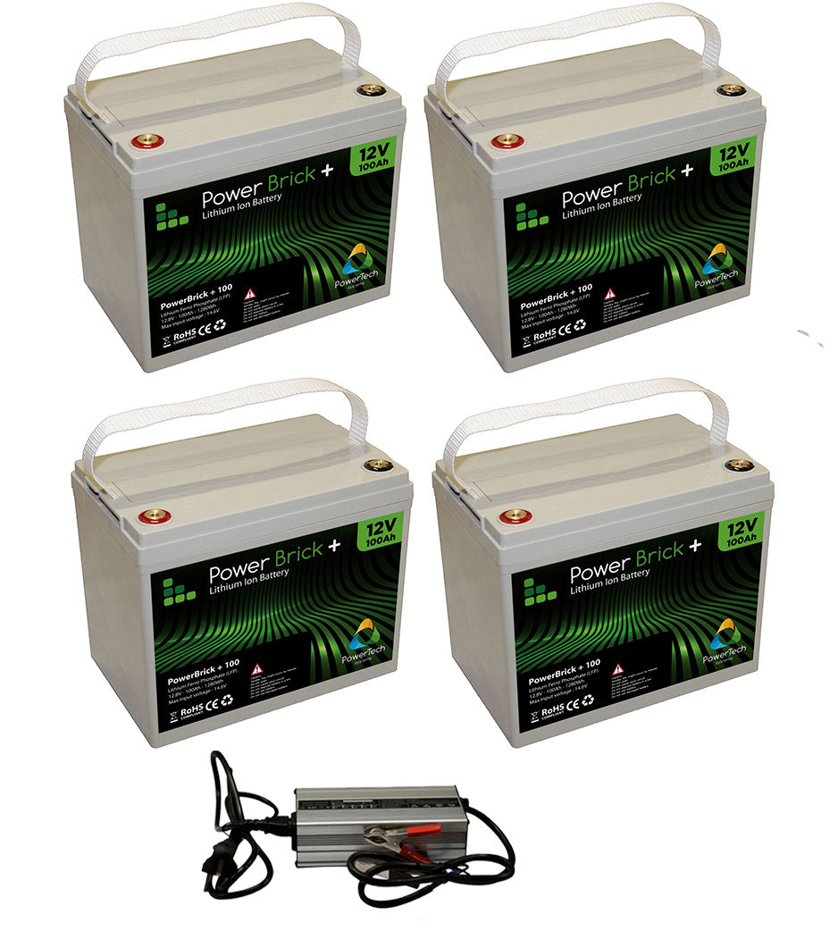 Pack 4 batteries lithium 100 Ah Powerbrick + chargeur 48V