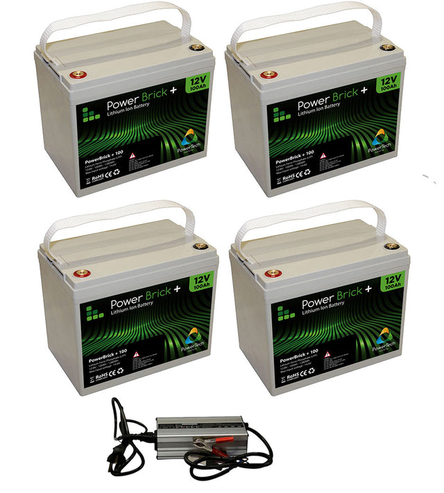 Pack 4 batteries lithium 100 Ah Powerbrick + chargeur 48V
