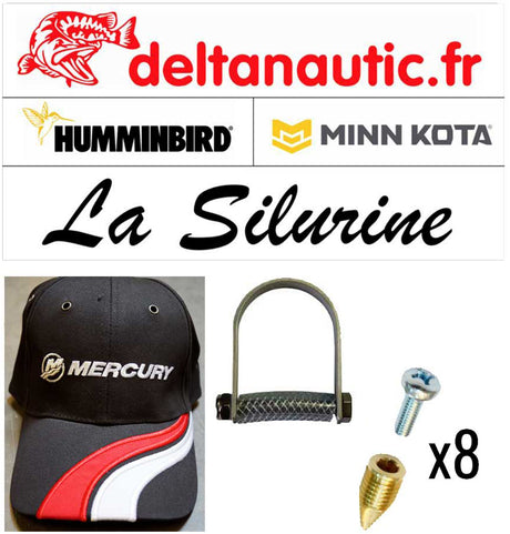 Pack d'accessoires n°1 : lot de stickers, casquette Minn Kota, lot de 8 inserts auto perçants et anneau de fixation Delta Nautic