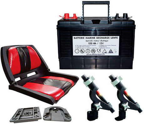 Pack d'accessoires n°5 : batterie 125A 12V, siège confort luxe rouge et noir et lot de 2 support de cannes US
