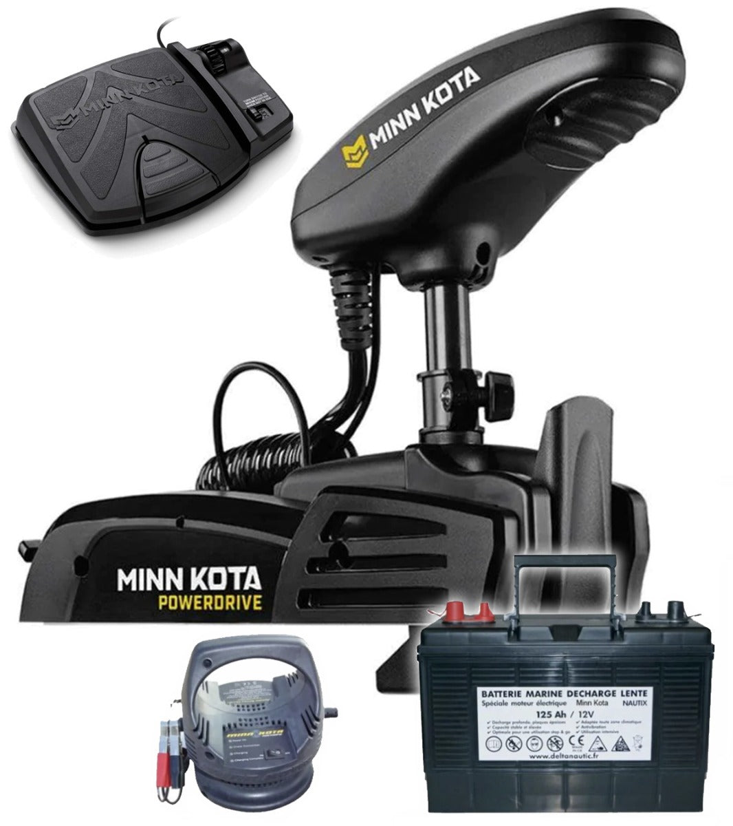 Pack moteur avant Minn Kota Powerdrive 55 Lbs 12V 122cm avec pédale + batterie décharge lente 125Ah + chargeur MKP 110