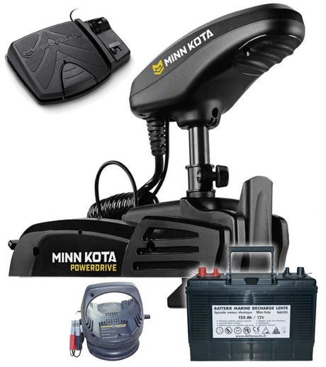 Pack moteur avant Minn Kota Powerdrive 55 Lbs 12V 122cm avec pédale + batterie décharge lente 125Ah + chargeur MKP 110