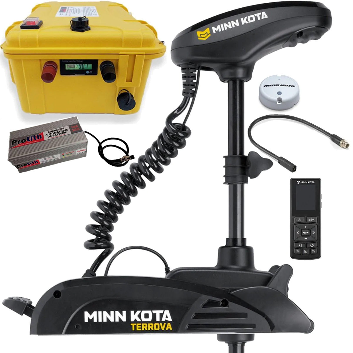 Pack moteur électrique Minn Kota Terrova 80 Lbs 24V GPS + télécommande + Valise Batterie Lithium BSR Prestige+ 24V 100Ah + chargeur