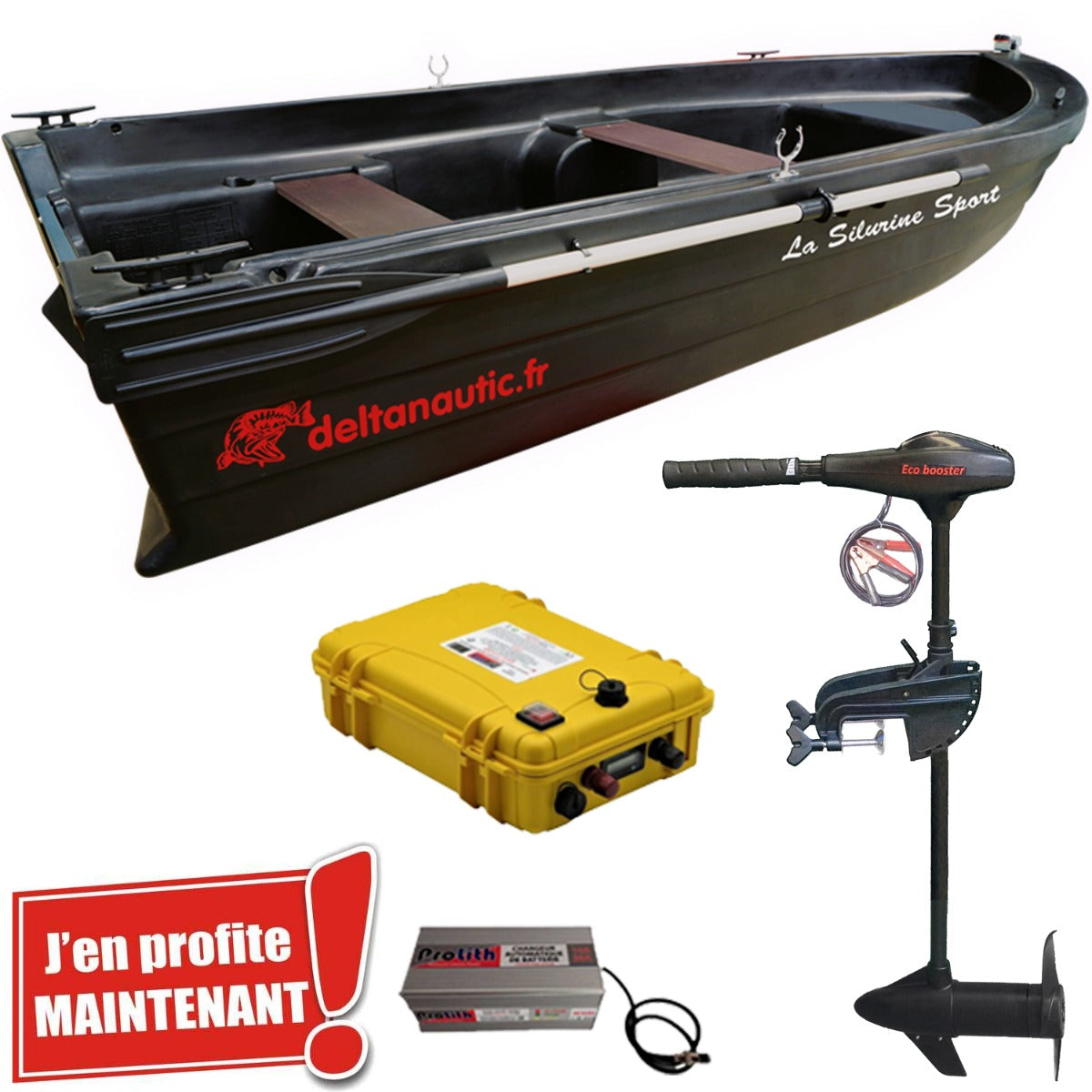 Pack barque Silurine Sport 373 + Eco Booster 70 lbs 12V + valise batterie lithium 120A + chargeur
