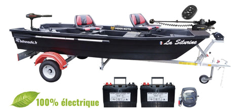 Pack E-Lite Silurine 400 Black Fish + Moteur Eco Booster V 70 Lbs + Remorque GT + Moteur Avant Powerdrive 55 Lbs GPS + batteries
