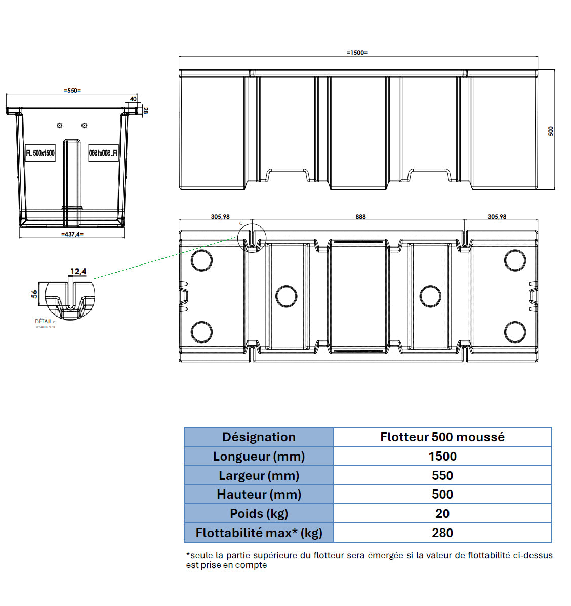 Flotteur pour ponton F 1500 moussé