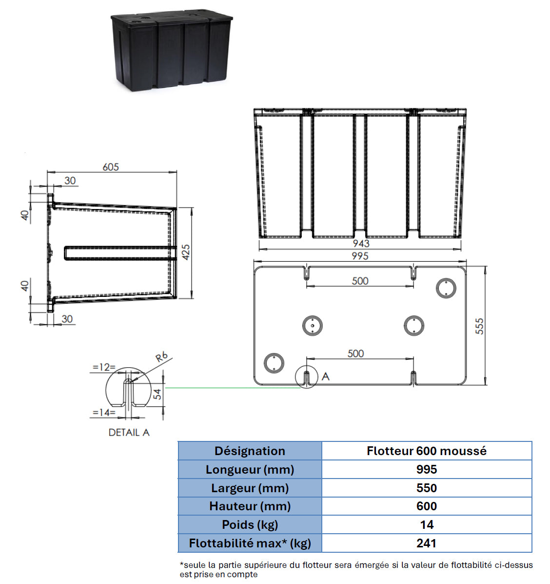 Flotteur pour ponton F 600 moussé