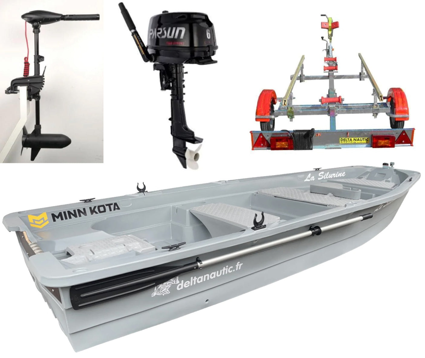 Silurine 4m Titanium + Moteur Parsun 6cv 4t + Moteur Osapian 55 Lbs + Remorque GT