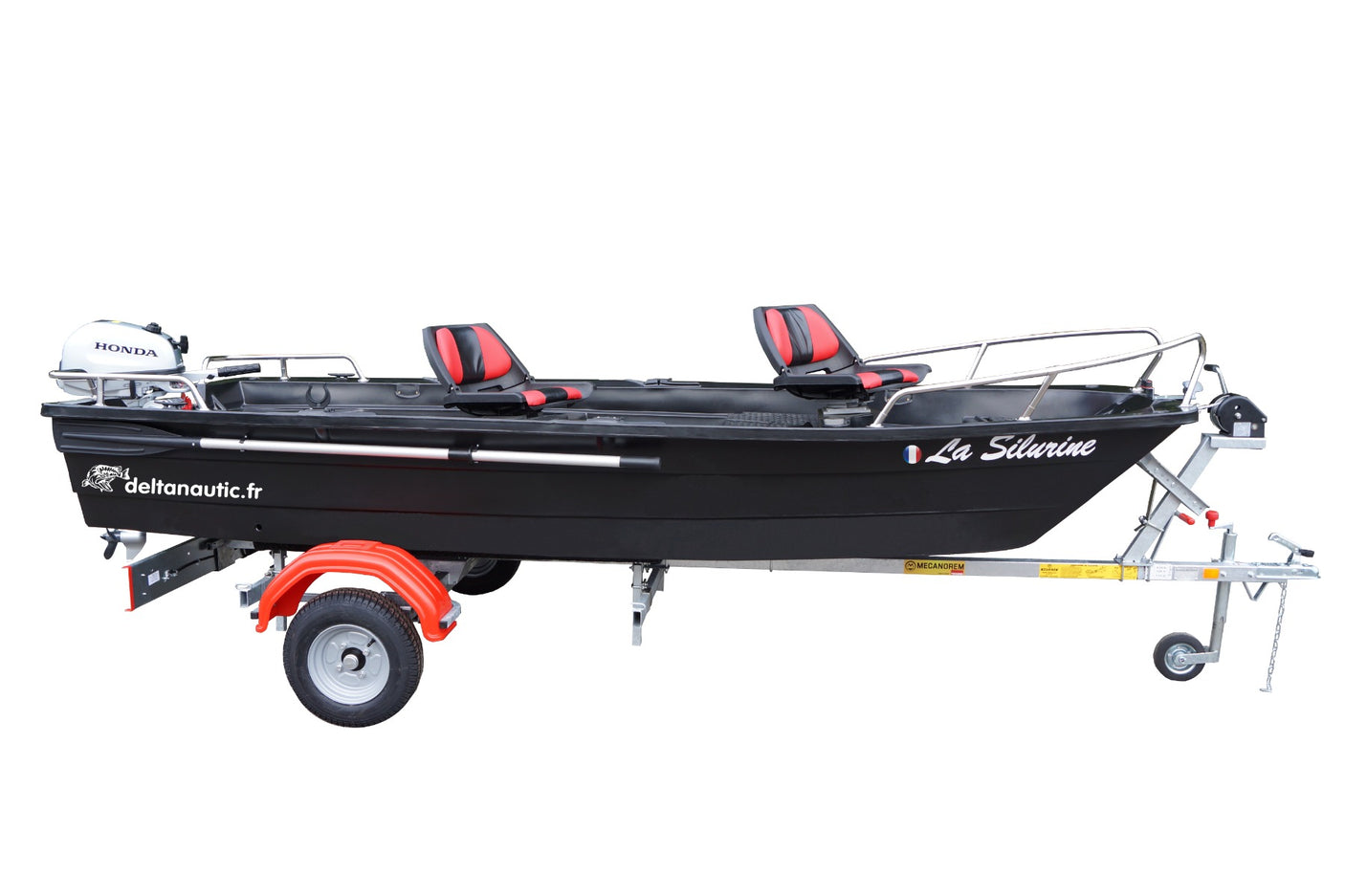 Pack Barque Silurine 4m blacky + Remorque GT + Honda 6cv + 2 sièges + Balcons inox