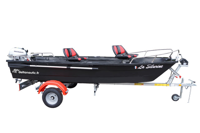Pack Barque Silurine 4m blacky + Remorque GT + Honda 6cv + 2 sièges + Balcons inox