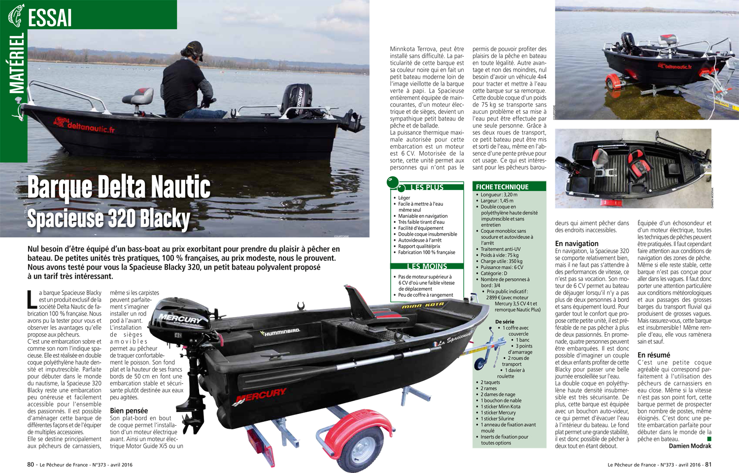 Test de la barque la Spacieuse 3m20 Blacky par le magazine le Pêcheur de France avril 2016