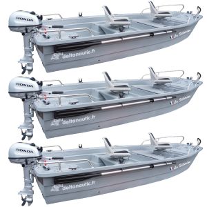 Lot de 3 Packs Barques Silurine 4m Titanium + Honda 6cv + 2 sièges + Balcons inox