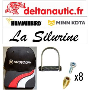 Pack d'accessoires n°1 : lot de stickers, casquette Minn Kota, lot de 8 inserts auto perçants et anneau de fixation Delta Nautic